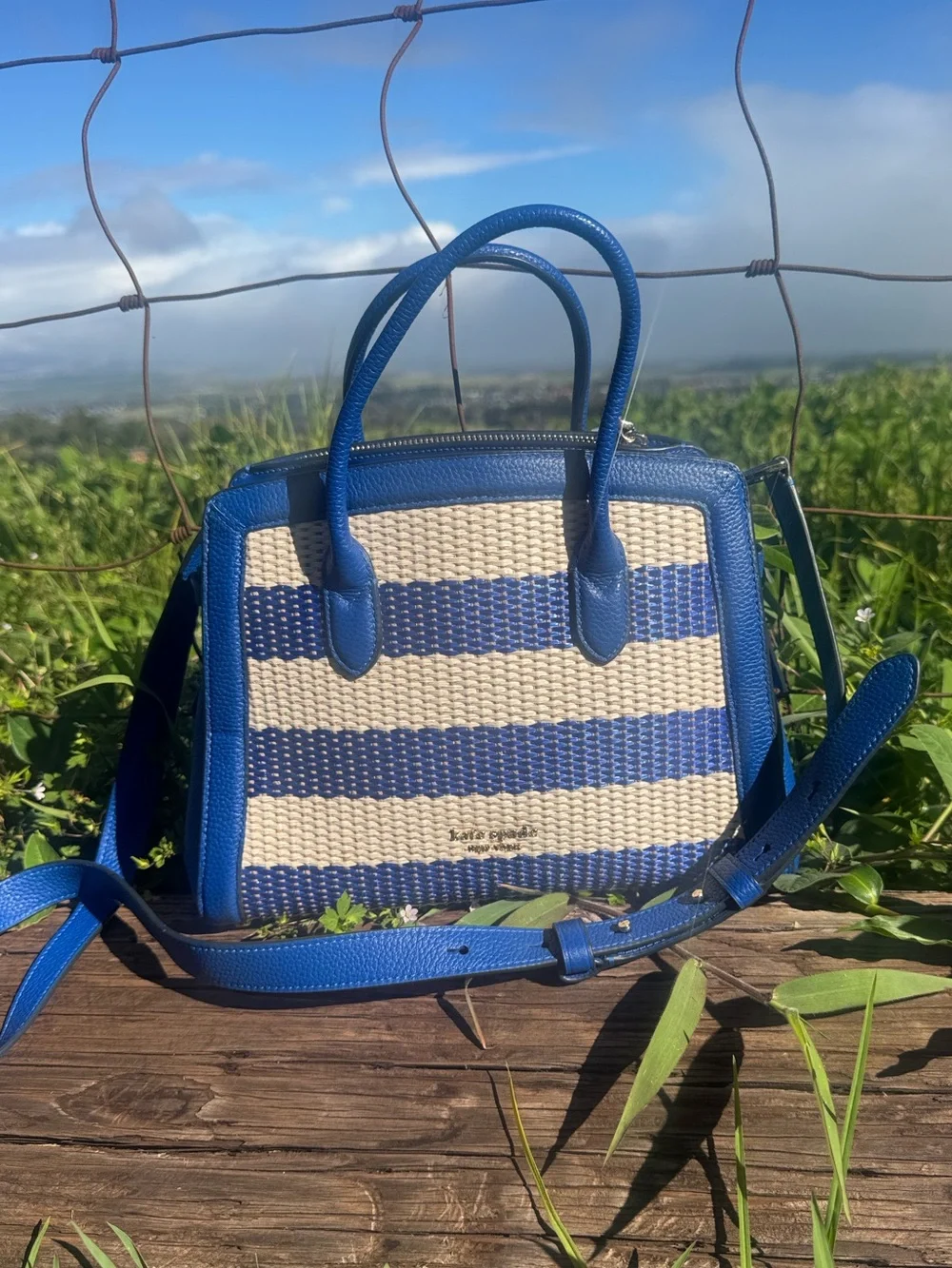 New Kate Spade Knott Striped Woven Medium Satchel Classic Blue Multi Preppy